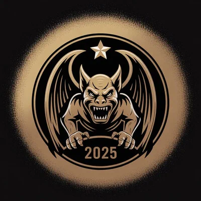 Emblema dorado de una gárgola con una estrella y el año 2025